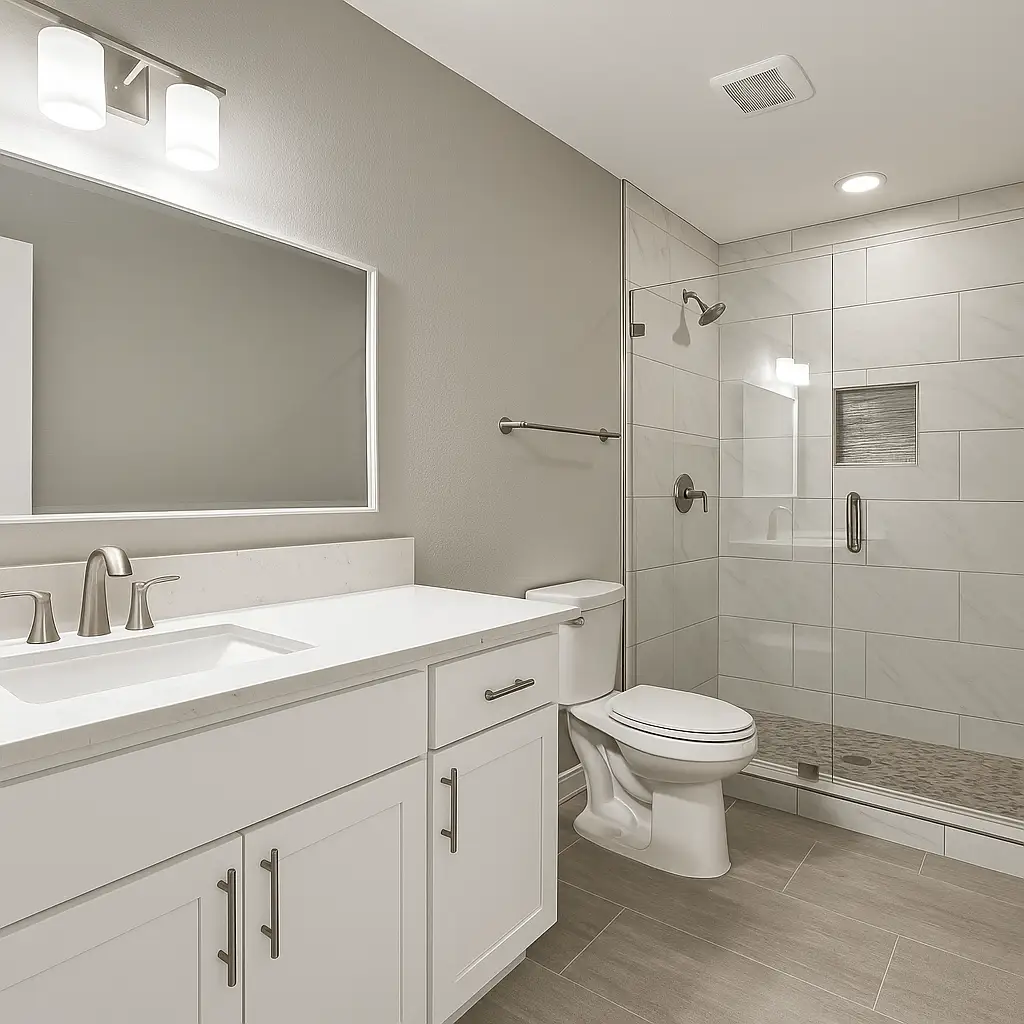 Luxury bathroom remodel with walk-in shower and modern vanity in California home