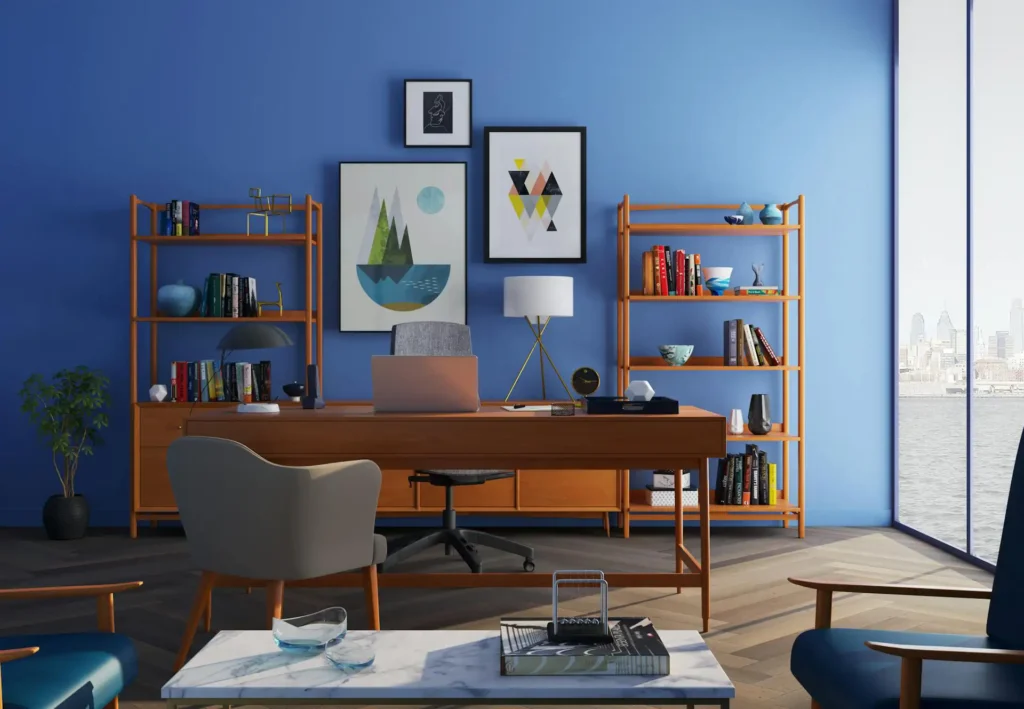 Modern home office remodeling with custom wood furniture, built-in shelving, and contemporary interior design by Serna Builders Inc. in Rancho Cucamonga, California.